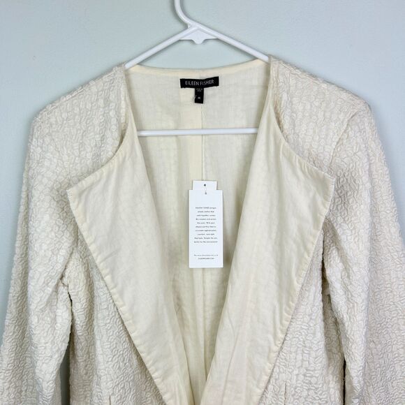 NWT Eileen Fisher Open Front Embroidered Cotton Jacket Blazer Cream Bone Women M - Picture 2 of 11